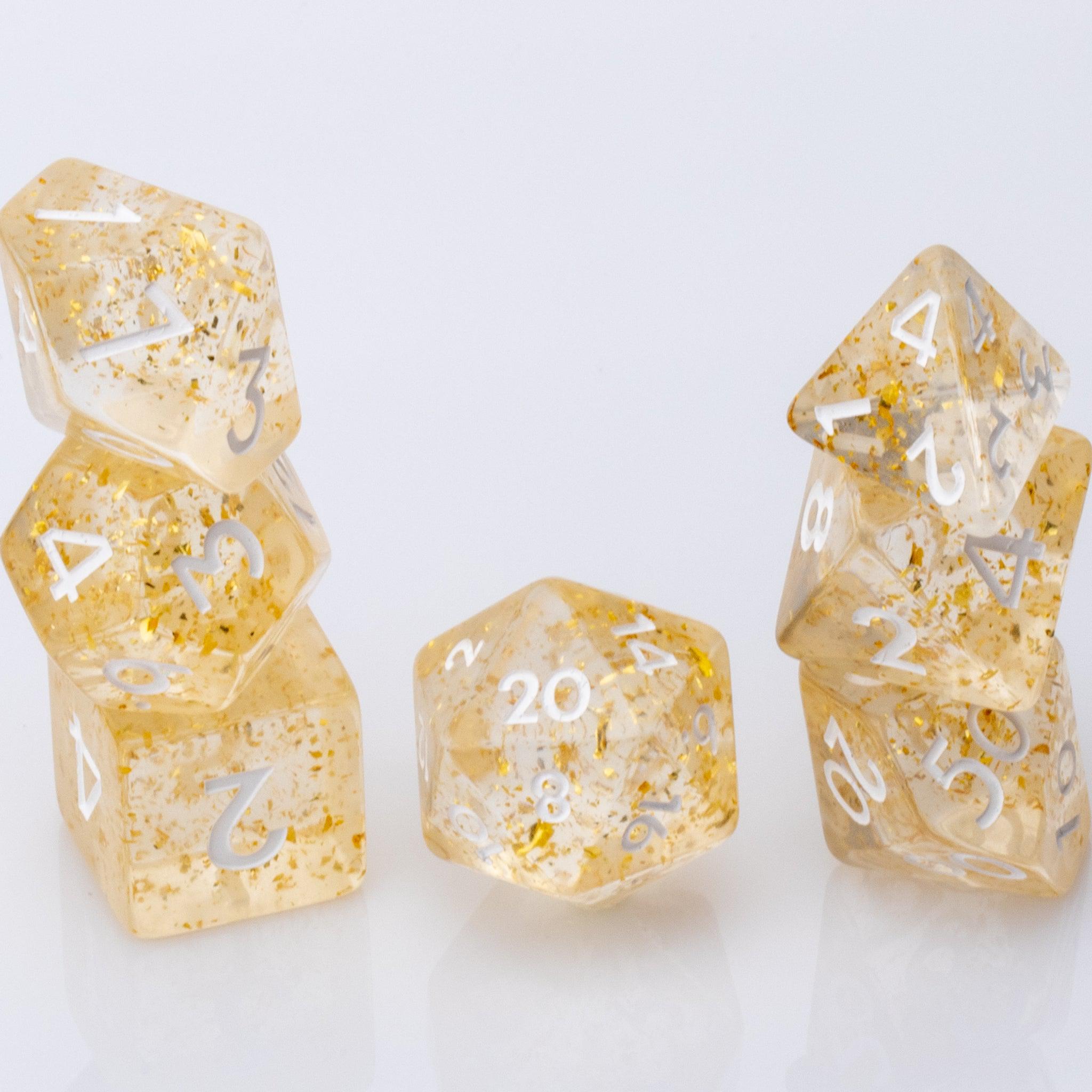 Gold Rush, 7 piece DND Dice Set stacked on a white background.