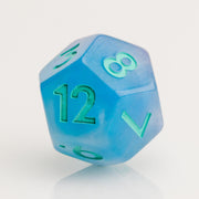 Infinite, cloudy blue dice with glittery inclusions and teal numbering. D12 on white background.