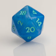 Infinite, cloudy blue dice with glittery inclusions and teal numbering. D20 on white background.. 