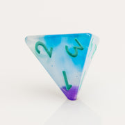 Infinite, cloudy blue dice with glittery inclusions and teal numbering. Cloudy blue and purple D4 on white background.