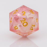 Lavendar Haze, pink and white handmade DND dice D20 on a white background.