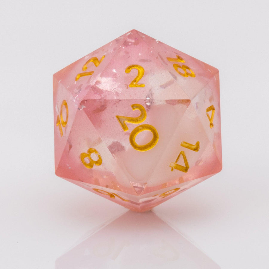 Lavendar Haze, pink and white handmade DND dice D20 on a white background.