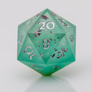 Mojito, green sharp edeged handmade resin DND dice D20 on white background.