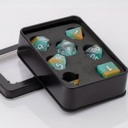 Mojito, green handmade resin DND dice set on white background.