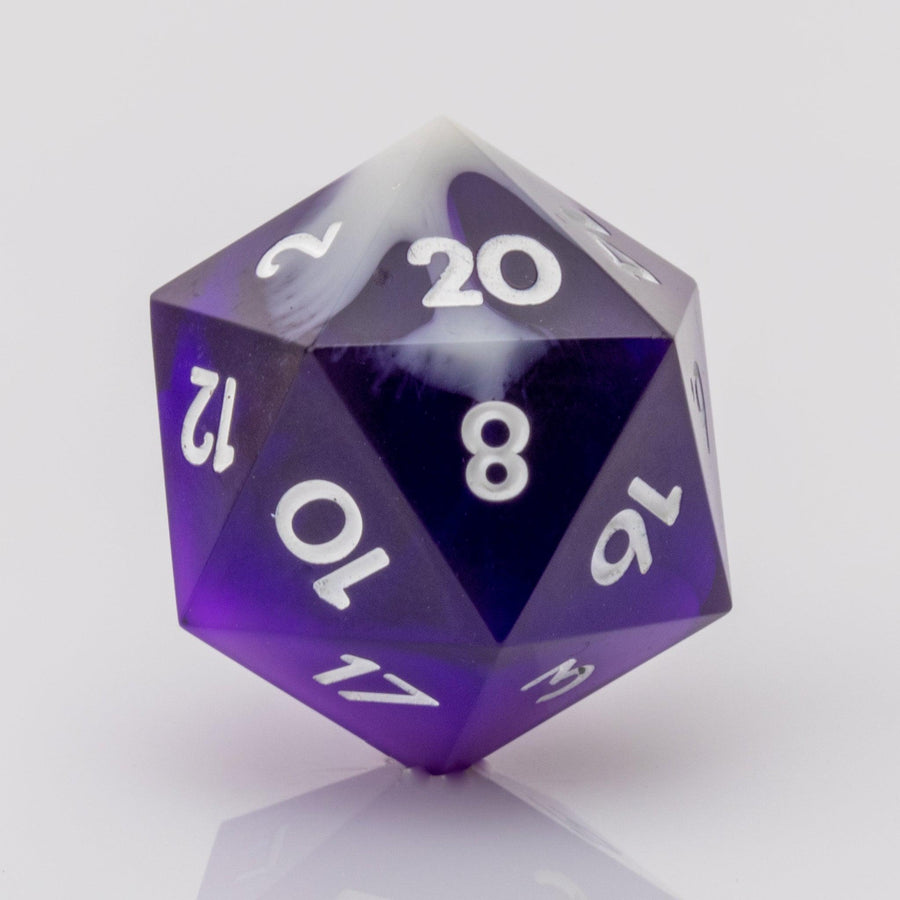 Nightfall, purple and white handmade DND dice D20 on a white background.