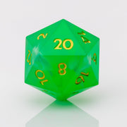 Nirvana, swirling green handmade RPG dice D20 on a white background.