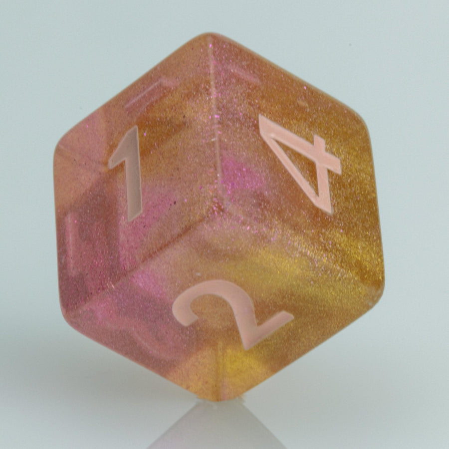 Pamplemousse, pink & orange gold D6 on a white background.