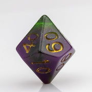 Perseid--Green and purple RPG dice with with swirled, glittery inclusions and gold metallic inking. D00 on white background.