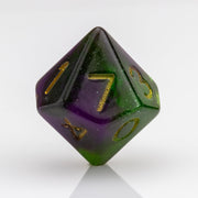 Perseid--Green and purple RPG dice with with swirled, glittery inclusions and gold metallic inking. D10 on white background.