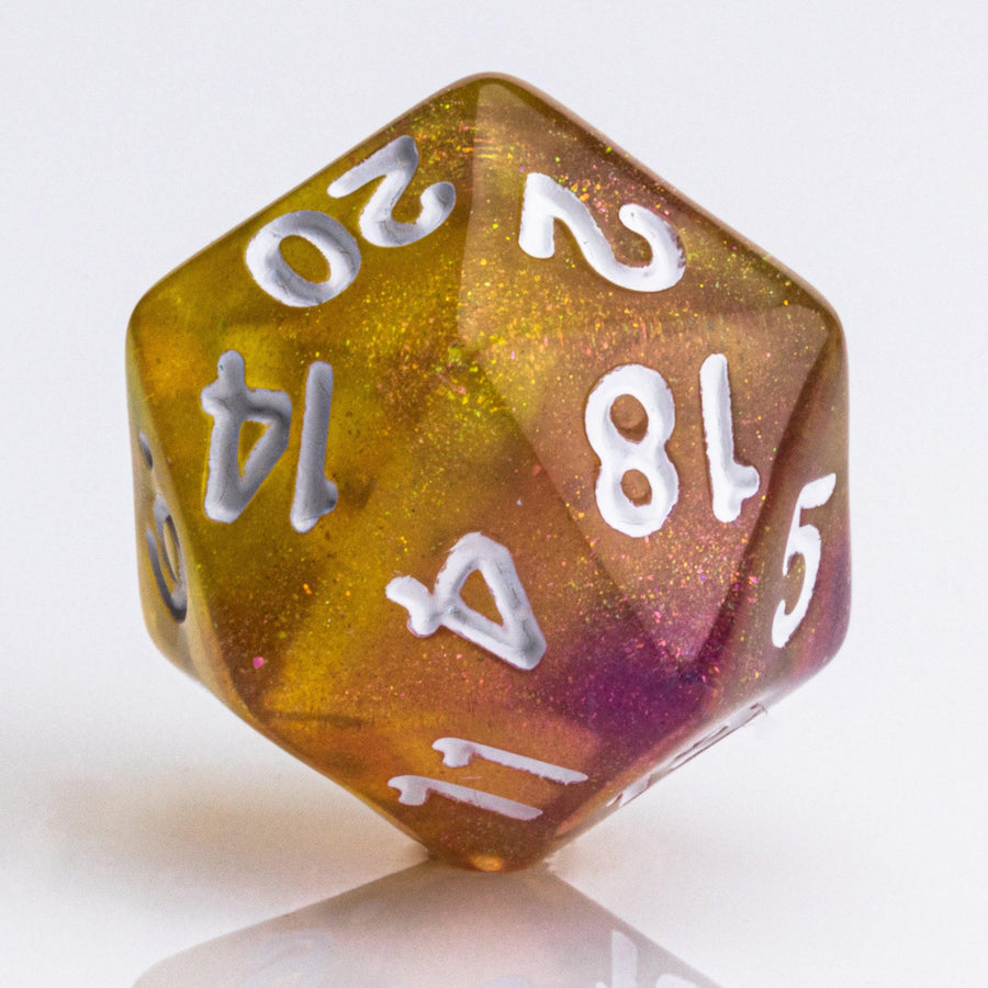 Rainbow Sherbet, purple and yellow gold translucent RPG dice with wite inking. 7 piece RPG dice set D20 on white background.