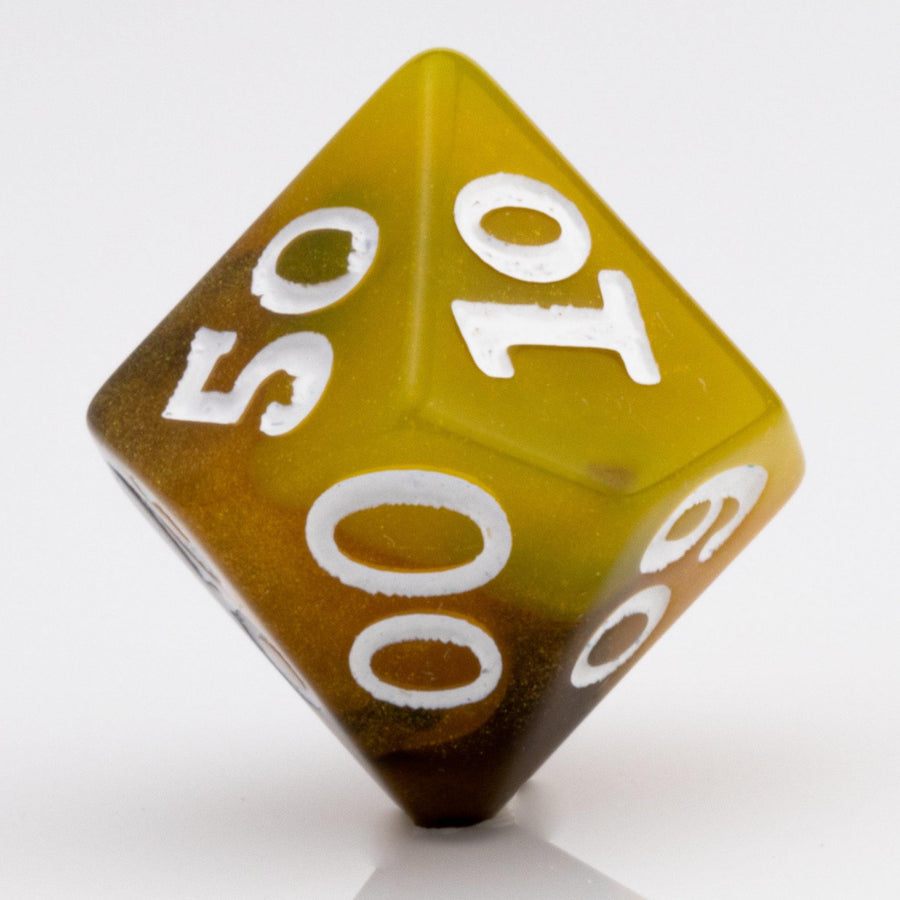 Scorch, yellow, brown and black resin DND dice 7 piece set D00 on white background.
