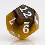 Scorch, yellow, brown and black resin DND dice 7 piece set D12 on white background.