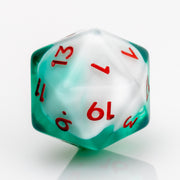 Shillelagh, white, green, and red D20 on a white background.