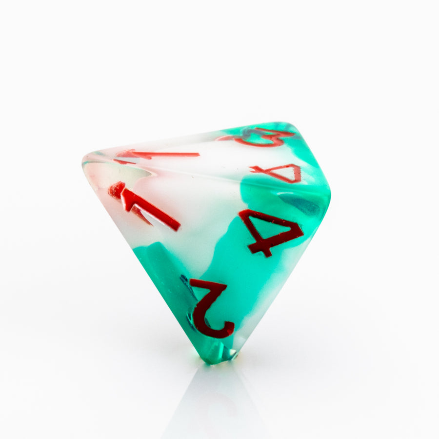 Shillelagh, white, green, and red D4 on a white background.