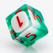 Shillelagh, white, green, and red D6 on a white background.