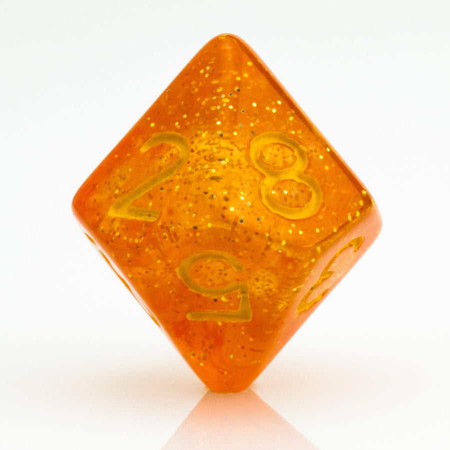 Snow Taffy, transulcent orange resin RPG dice 7 piece set D10 on white background.