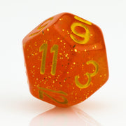 Snow Taffy, transulcent orange resin RPG dice 7 piece set D12 on white background.