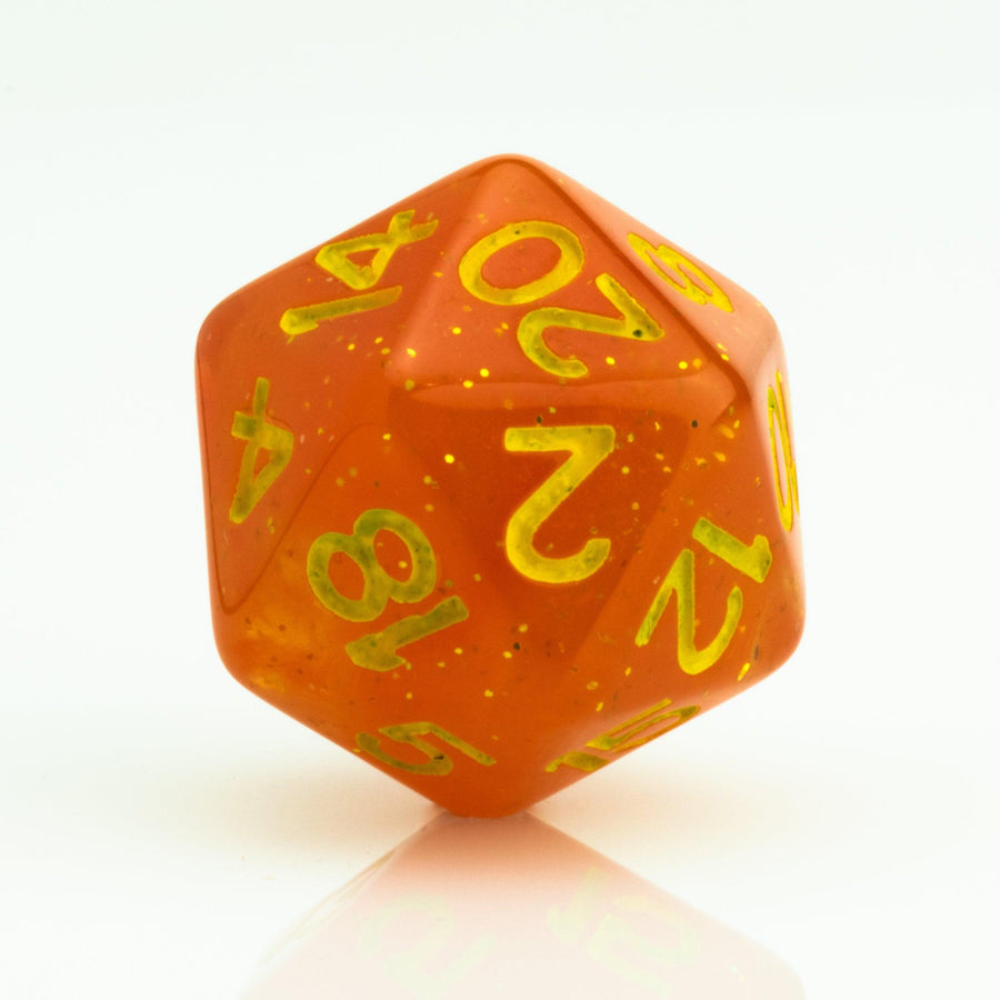 Snow Taffy, transulcent orange resin RPG dice 7 piece set D20 on white background.