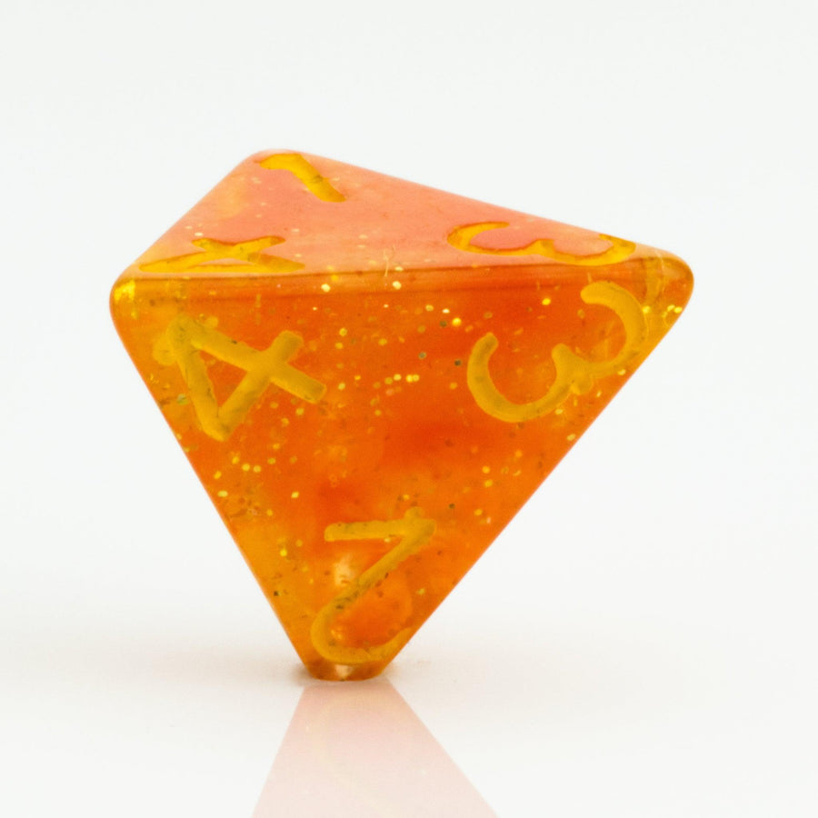 Snow Taffy, transulcent orange resin RPG dice 7 piece set D4 on white background.