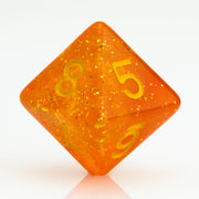 Snow Taffy, transulcent orange resin RPG dice 7 piece set D8 on white background.
