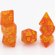 Snow Taffy, transulcent orange resin RPG dice 7 piece set stacked on white background.