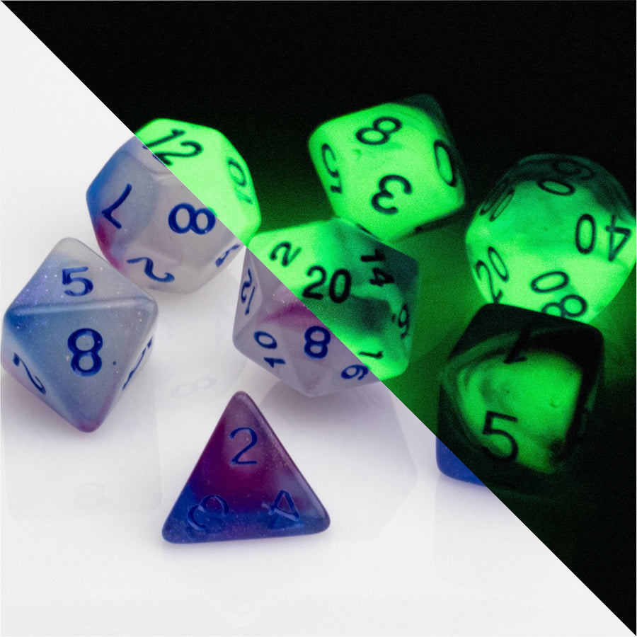 Soulfire, glow in the dark 7 piece DND dice set on a white background, image split with glowing dice.